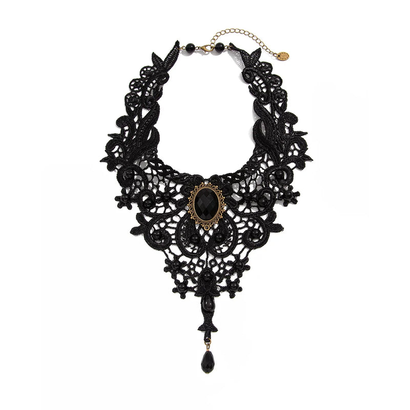 Gem Black Lace Bead Necklace Gothic Steampunk Gothic Collar Necklace Pendant