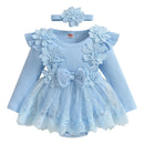 Infant Baby Girls Rompers Dress Flower Embroidery Tulle Rib Knit Bodysuit with Headband Toddler Kid Fall Winter