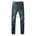 Men High Street Distressed Dark Blue Holes Pattern Slim Fit Jeans Pants