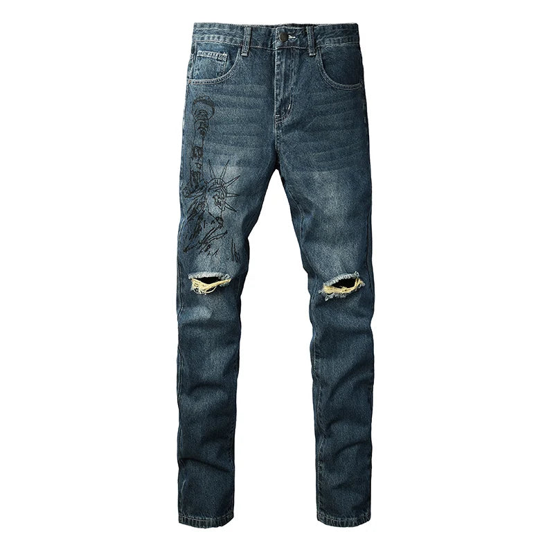 Men High Street Distressed Dark Blue Holes Pattern Slim Fit Jeans Pants