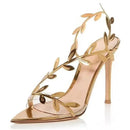 Golden Ankle Strap Stilettos Woman Pointed Toe High Heels Luxury Sandals Party Dress Shoes
