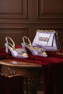 Lilac Peep Toe Women Heels with Diamond Accents - Italian Design Matching Pumps and Bag Set for Parties