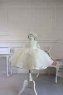 An ivory white flower girl dress with intricate lace appliques and a matching tiara displayed on a white dress mannequin in a bright, classic room setting, Obroi
