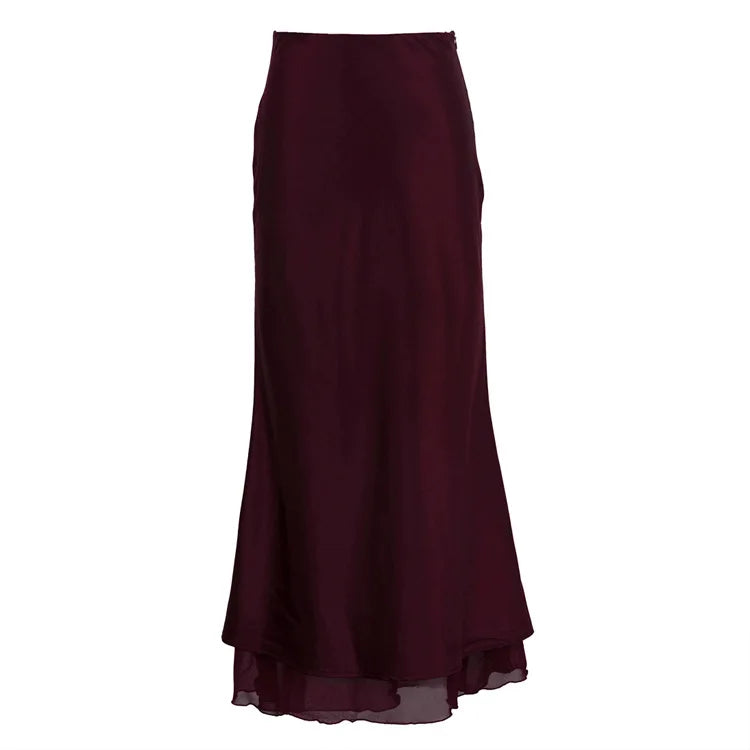 Elegant Satin Skirts For Women Mesh Double-layer Splicing Lady Solid Bodycon Skirt