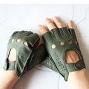 Green fingerless gloves worn on a white background, Obroi