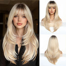 Long Straight Wigs For Women Brown Layered Hair Wigs With Bangs Daily Natural Wigs