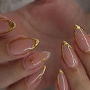 Luxury Gold Metal Line Flower Star Almond False Nails Moon Rhinestone Punk Nail Art Press on Nails