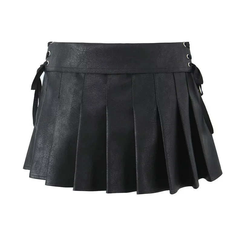 Women's Slit Lace Up Side Zipper Artificial Leather Skirt sweet Pleated Mini Skirt