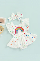 Toddler Baby Girls Summer Romper Dress Cute Rainbow Dots Pattern Ruffle Sleeve Cross Backless Jumpsuits And Headband