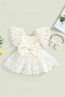 Infant Baby Girls Princess Romper Dress Lace Flower Fly Sleeve Bowknot Triangle-Bottom Jumpsuit with Headband