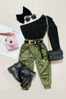 Autumn Children Girls Clothing Sets Solid One-Shoulder Long Sleeve Tops+Elastic Waist Pants 2pcs Casual Outfits