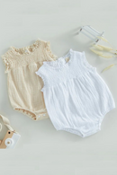 New Infant Toddler Newborn Baby Girls Sleeveless Crew Neck Pleated Lace Patchwork Romper Sunsuit Jumpsuit Casual Clothes