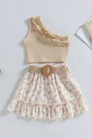 Baby Girl Summer Outfit Casual Children Kid One Shoulder Ribbed Tank Tops Elastic Ruffle Floral Skirt with Belt Set