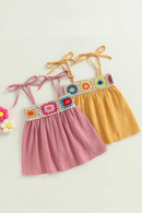 Kids Girls Dress Crochet Embroidery Sleeveless Tie-Up Spaghetti Strap Cami Dress Summer Casual Clothes Princess Dress