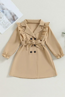 Children Girl Trench Coat Ruffled Solid Long Sleeve Lapel Double Breasted Khaki Windbreaker with Belt
