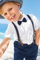 Boy Bow Gentleman Clothes White Shirt Navy Shorts with Suspenders Kids Children Holiday Outfits Short Sleeve Sets