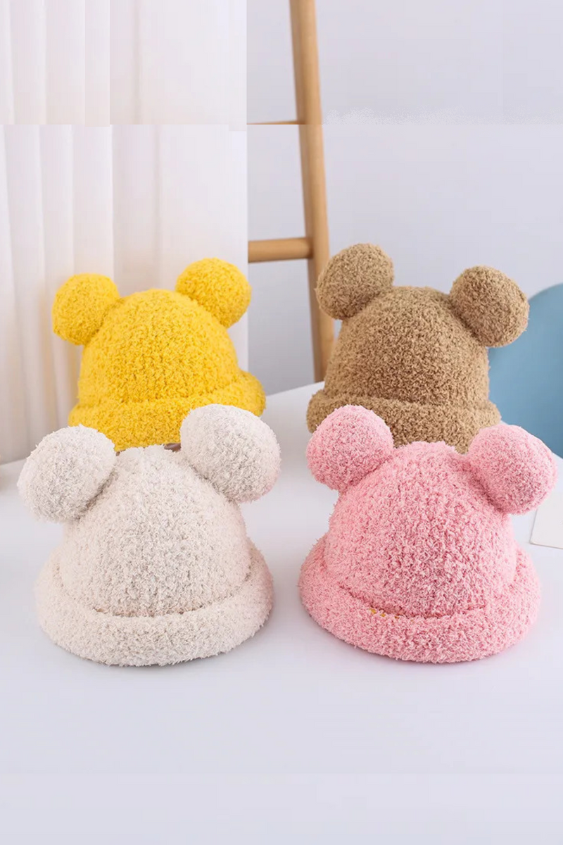 Winter Baby Lovely Hat Cute Solid Color Fuzzy Double Pompom Hats For Kids Thick Warm Soft Beanie Fur Ball Girls Boy Cap