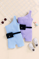 Girls Summer Jumpsuits With Waist Pack Sleeveless One Shoulder Ribbed Elastic Playsuits Shorts