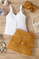 Kids Girls Clothes Suits Solid Color V-Neck Ribbed Sleeveless Sling Tank Tops Buttons Pencil Skirts Headband 3Pcs Sets