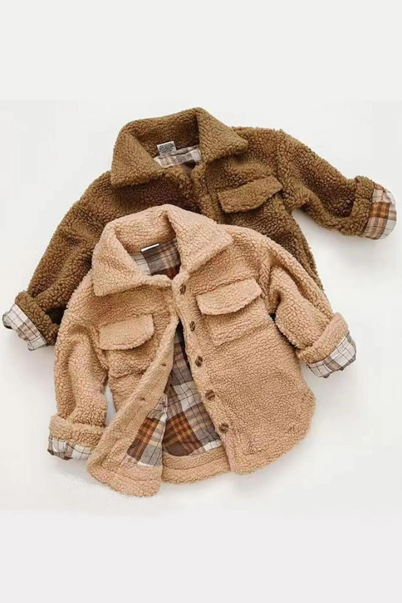 Winter Grid Jackets Boys Girl Plush Single-breasted Baby Boy Coat Lapel Autumn Kids Outerwear Coats Children Overcoat