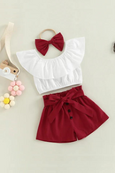 Baby Girls Outfits Sets Summer Fashion Solid Boat Neck Flounced Tops Shorts Headband