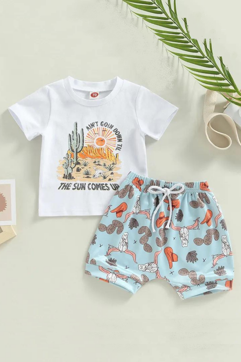 Baby Girls Summer Outfit Cactus Short Sleeved T-shirt and Elastic Casual Drawstring Shorts Clothes Sets