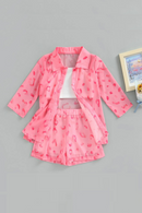 Toddler Kids Girls Outfits Leopard Long Sleeve Shirts Thin Coat + White Sling Vests + Elastic Waist Shorts Set