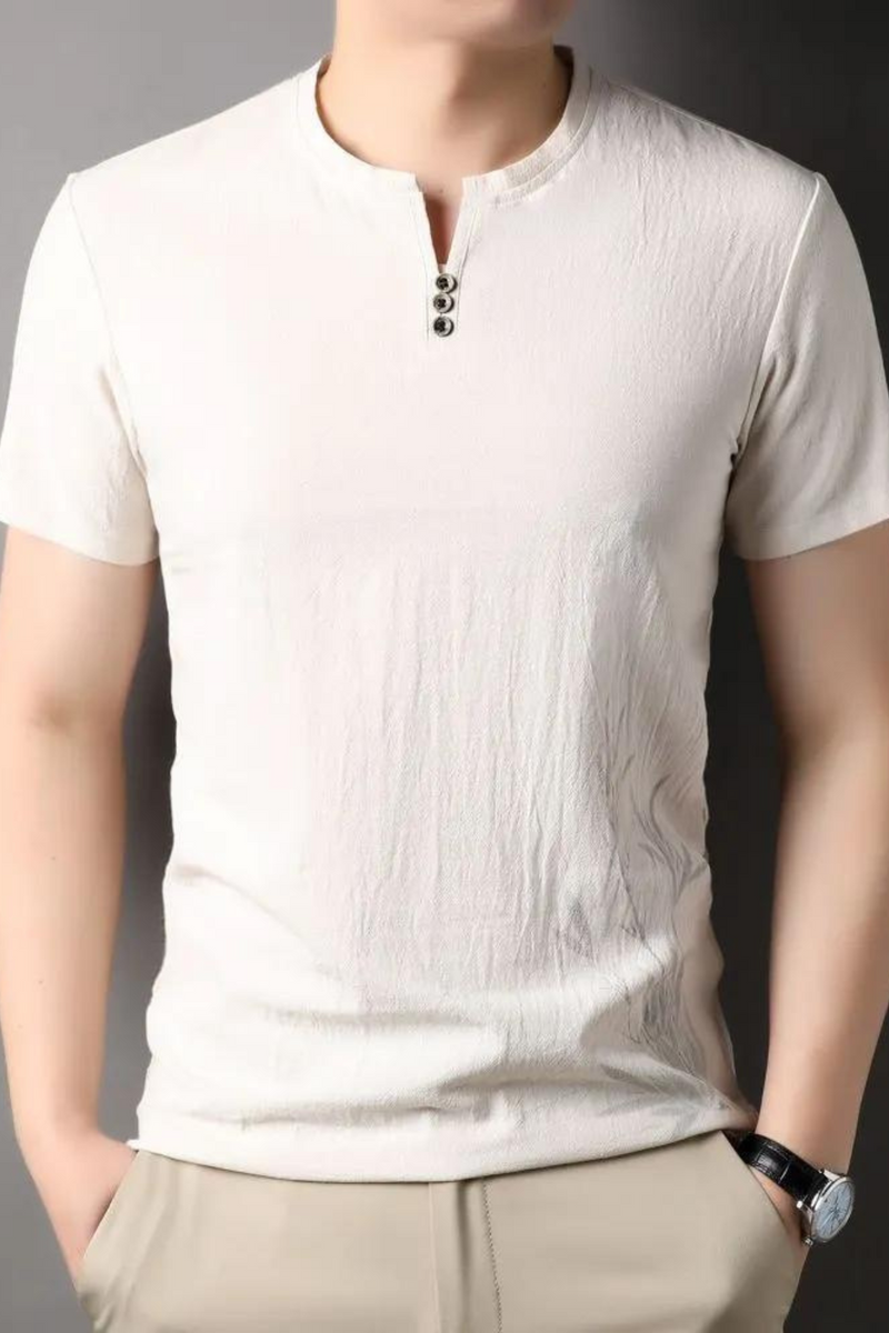 Mens Short Sleeve T-Shirt Cotton Linen Top Thin Casual Crewneck National Trendy Style Menswear Top