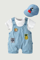 Newborn Boy Bodysuit Set Baby Boys Outfits Clothes Set Hat Overall Strap Blue Jumpsuit Costume Cotton Summer
