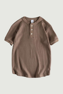Summer American Retro Waffle Henry Collar T-shirt Men's Simple Washed Short Sleeve Casual Loose Sport Tops