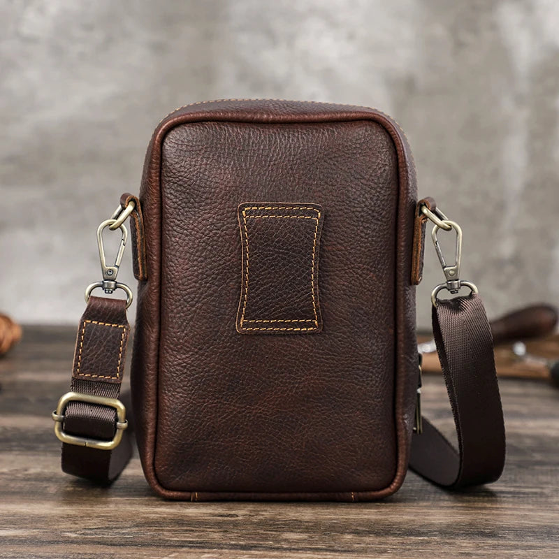 Genuine Leather Men‘s Small Messenger Bag Casual Crossbody Shoulder Bag with Travel Waist Pack Bag