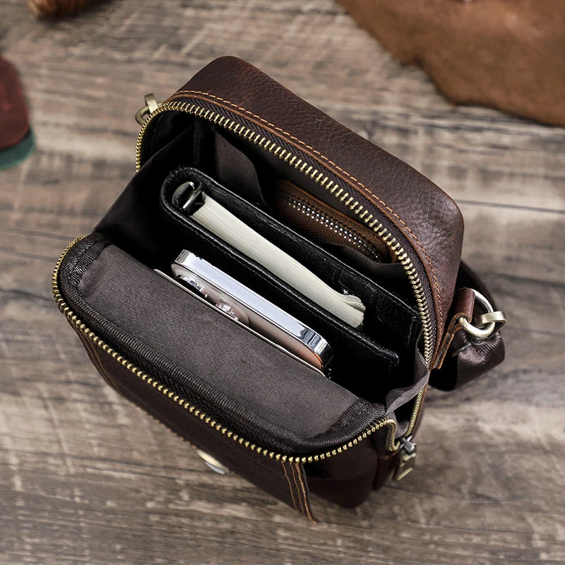 Genuine Leather Men‘s Small Messenger Bag Casual Crossbody Shoulder Bag with Travel Waist Pack Bag