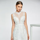 Elegant high neck a line appliques sleeveless beading hollow wedding dress