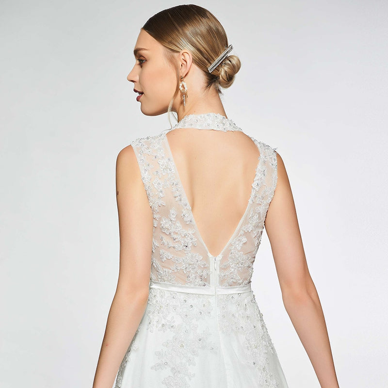 Elegant high neck a line appliques sleeveless beading hollow wedding dress