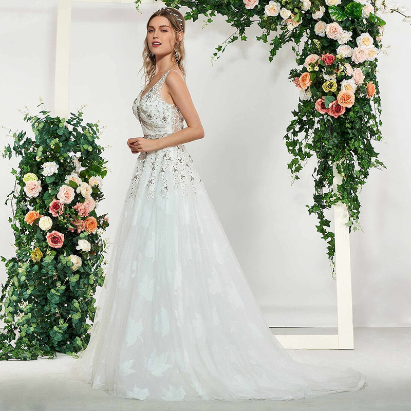 Dress elegant ivory sleeveless a line appliques sleeveless beading wedding dress