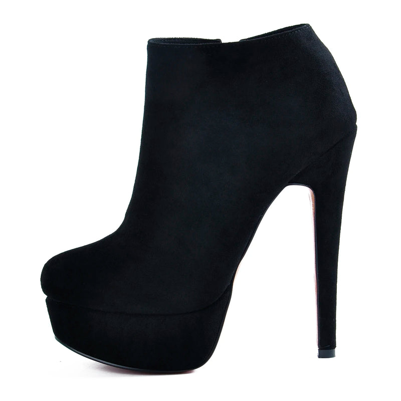 Classic High Heels Platform Boots Round Toe Black Suede Ankle Boots Women US5~US15