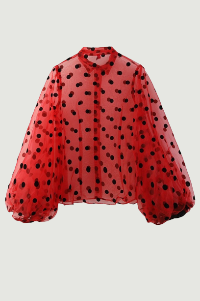 Women Red Dot Mesh Elegant Blouse Lapel Long Lantern Sleeve Loose Fit Shirt Tide Spring Autumn