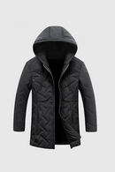 Black hooded winter coat on a light gray background, Obroi