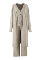 Beige long-sleeve cardigan, buttoned shirt, and wide-leg pants on a white background, Obroi