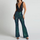 Green Flared Sequin Pants Women Autumn Wide Leg Loose Trousers Sequin Pants For Women Long