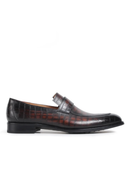 Black leather loafer with brown alligator skin pattern on a white background, Obroi