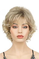 Blonde wig with short, wavy hair on a mannequin head against a white background, Obroi
