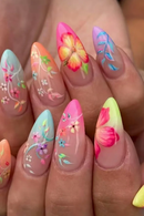 Colorful floral nail art on a hand, Obroi