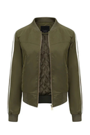 Green bomber jacket with white stripes on sleeves against a white background, Obroi