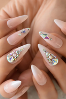 Nails Pink White Gradient Nails Luxury 3D Diamond Rhinestone Inlaid Steeple Long Nail