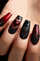 Nails with intricate black and red designs on a light skin background, Obroi