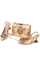 Gold Color Design Italian Women Shoes and Bag Set Quality Flower Comfortable Heels with Crystal