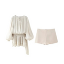 Women Elegant Puff Pleated Shirts Mini Dress Short Two Piece Skirt Set Loose Casual Women Tops