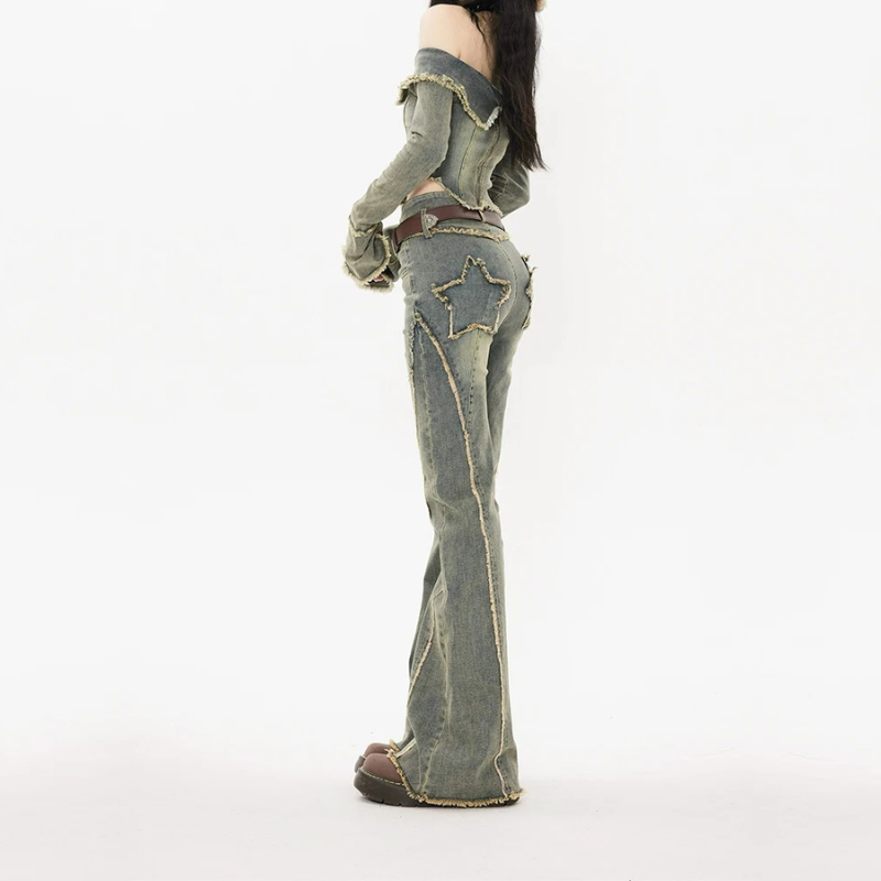 Women Blue Flare Jeans Aesthetic Baggy Denim Trousers Jean Pants Clothes