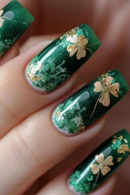 24 Pcs Green Gold Flower Nails Press Ons Self-nail Acrylic Press on Nails
